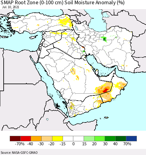 Middle East and Turkey SMAP Root Zone (0-100 cm) Soil Moisture Anomaly (%) Thematic Map For 7/6/2021 - 7/10/2021