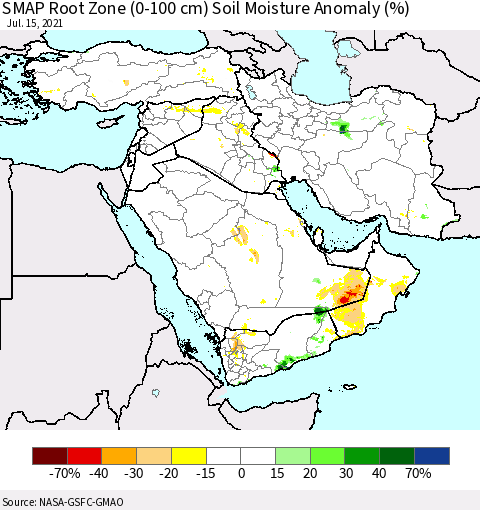 Middle East and Turkey SMAP Root Zone (0-100 cm) Soil Moisture Anomaly (%) Thematic Map For 7/11/2021 - 7/15/2021
