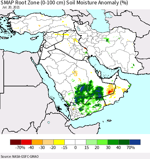 Middle East and Turkey SMAP Root Zone (0-100 cm) Soil Moisture Anomaly (%) Thematic Map For 7/16/2021 - 7/20/2021