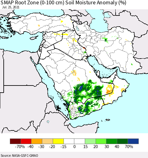Middle East and Turkey SMAP Root Zone (0-100 cm) Soil Moisture Anomaly (%) Thematic Map For 7/21/2021 - 7/25/2021