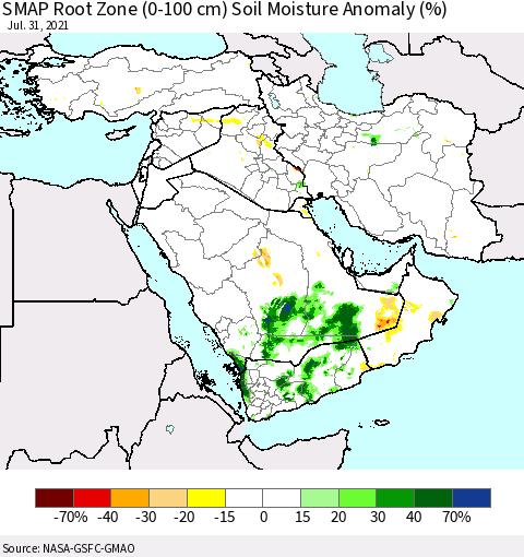 Middle East and Turkey SMAP Root Zone (0-100 cm) Soil Moisture Anomaly (%) Thematic Map For 7/26/2021 - 7/31/2021