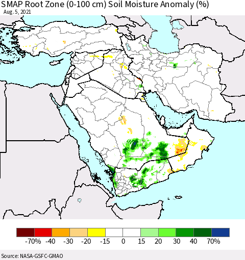 Middle East and Turkey SMAP Root Zone (0-100 cm) Soil Moisture Anomaly (%) Thematic Map For 8/1/2021 - 8/5/2021