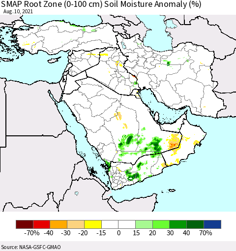 Middle East and Turkey SMAP Root Zone (0-100 cm) Soil Moisture Anomaly (%) Thematic Map For 8/6/2021 - 8/10/2021