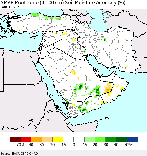 Middle East and Turkey SMAP Root Zone (0-100 cm) Soil Moisture Anomaly (%) Thematic Map For 8/11/2021 - 8/15/2021