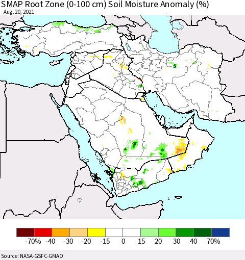 Middle East and Turkey SMAP Root Zone (0-100 cm) Soil Moisture Anomaly (%) Thematic Map For 8/16/2021 - 8/20/2021