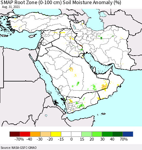 Middle East and Turkey SMAP Root Zone (0-100 cm) Soil Moisture Anomaly (%) Thematic Map For 8/26/2021 - 8/31/2021