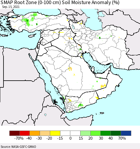 Middle East and Turkey SMAP Root Zone (0-100 cm) Soil Moisture Anomaly (%) Thematic Map For 9/11/2021 - 9/15/2021