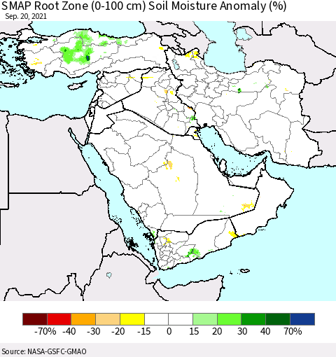 Middle East and Turkey SMAP Root Zone (0-100 cm) Soil Moisture Anomaly (%) Thematic Map For 9/16/2021 - 9/20/2021