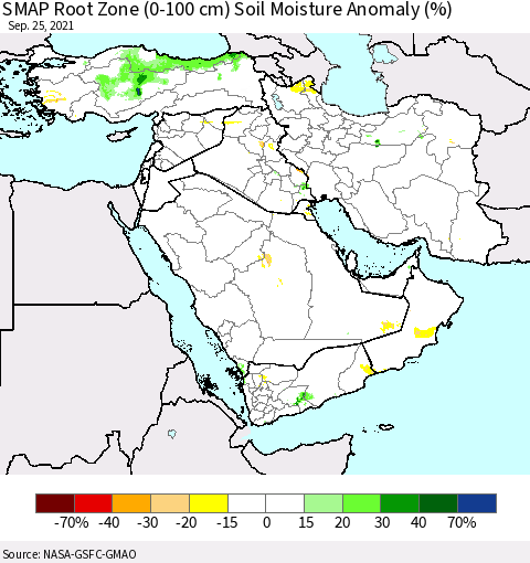 Middle East and Turkey SMAP Root Zone (0-100 cm) Soil Moisture Anomaly (%) Thematic Map For 9/21/2021 - 9/25/2021