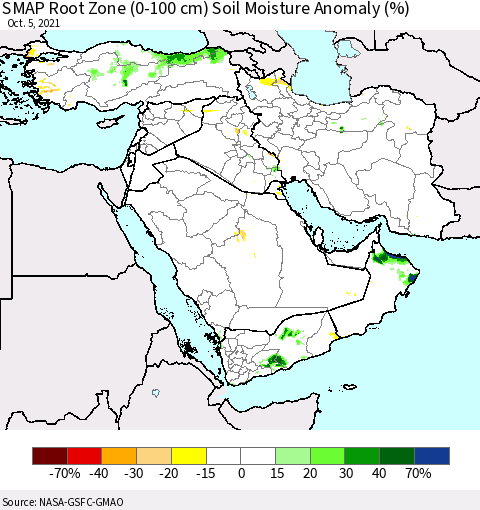Middle East and Turkey SMAP Root Zone (0-100 cm) Soil Moisture Anomaly (%) Thematic Map For 10/1/2021 - 10/5/2021