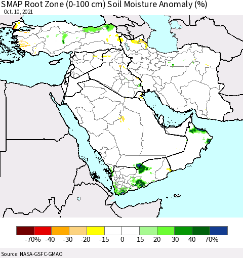 Middle East and Turkey SMAP Root Zone (0-100 cm) Soil Moisture Anomaly (%) Thematic Map For 10/6/2021 - 10/10/2021