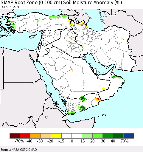 Middle East and Turkey SMAP Root Zone (0-100 cm) Soil Moisture Anomaly (%) Thematic Map For 10/11/2021 - 10/15/2021