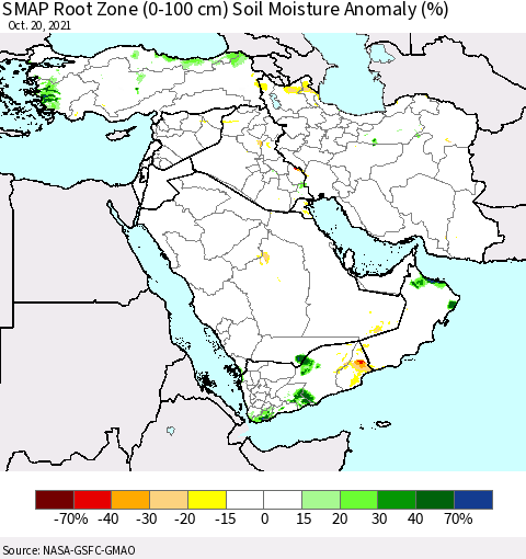 Middle East and Turkey SMAP Root Zone (0-100 cm) Soil Moisture Anomaly (%) Thematic Map For 10/16/2021 - 10/20/2021