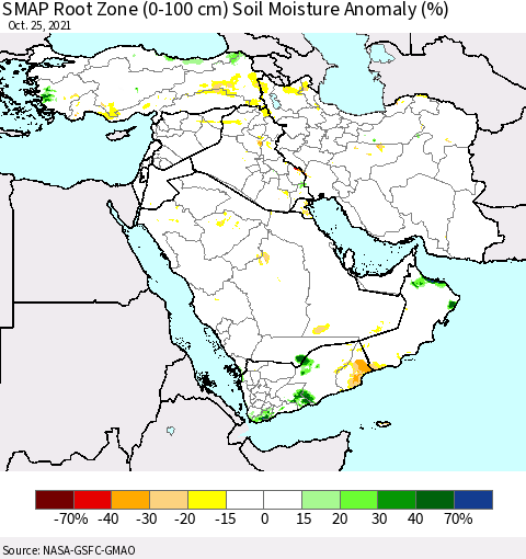 Middle East and Turkey SMAP Root Zone (0-100 cm) Soil Moisture Anomaly (%) Thematic Map For 10/21/2021 - 10/25/2021