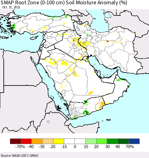 Middle East and Turkey SMAP Root Zone (0-100 cm) Soil Moisture Anomaly (%) Thematic Map For 10/26/2021 - 10/31/2021