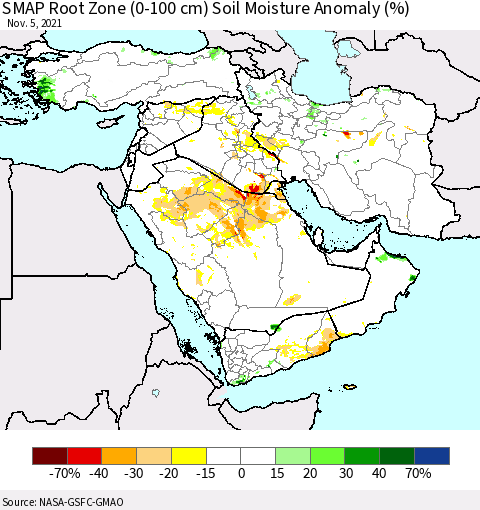 Middle East and Turkey SMAP Root Zone (0-100 cm) Soil Moisture Anomaly (%) Thematic Map For 11/1/2021 - 11/5/2021