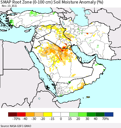 Middle East and Turkey SMAP Root Zone (0-100 cm) Soil Moisture Anomaly (%) Thematic Map For 11/6/2021 - 11/10/2021