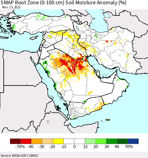 Middle East and Turkey SMAP Root Zone (0-100 cm) Soil Moisture Anomaly (%) Thematic Map For 11/11/2021 - 11/15/2021
