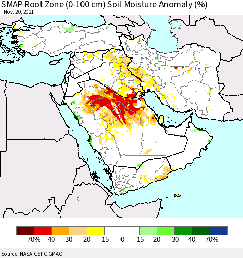 Middle East and Turkey SMAP Root Zone (0-100 cm) Soil Moisture Anomaly (%) Thematic Map For 11/16/2021 - 11/20/2021