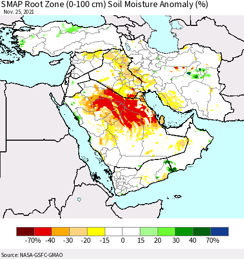 Middle East and Turkey SMAP Root Zone (0-100 cm) Soil Moisture Anomaly (%) Thematic Map For 11/21/2021 - 11/25/2021