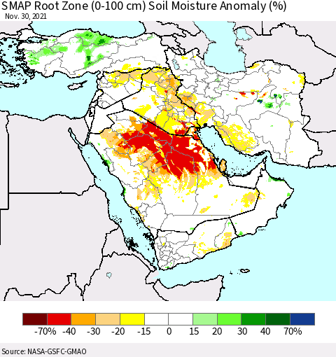 Middle East and Turkey SMAP Root Zone (0-100 cm) Soil Moisture Anomaly (%) Thematic Map For 11/26/2021 - 11/30/2021