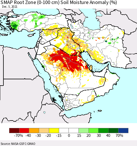 Middle East and Turkey SMAP Root Zone (0-100 cm) Soil Moisture Anomaly (%) Thematic Map For 12/1/2021 - 12/5/2021