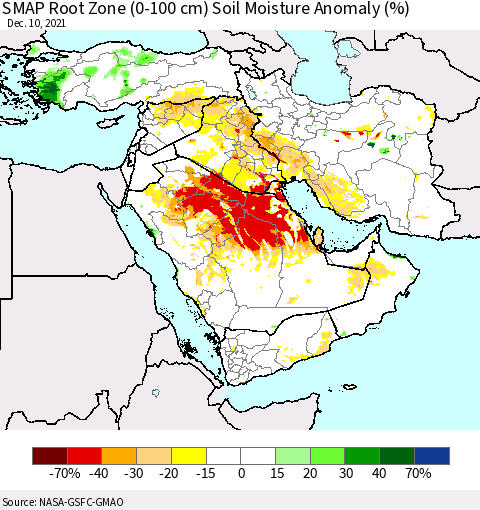 Middle East and Turkey SMAP Root Zone (0-100 cm) Soil Moisture Anomaly (%) Thematic Map For 12/6/2021 - 12/10/2021