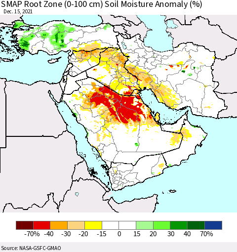 Middle East and Turkey SMAP Root Zone (0-100 cm) Soil Moisture Anomaly (%) Thematic Map For 12/11/2021 - 12/15/2021