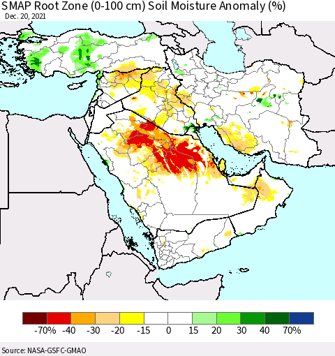 Middle East and Turkey SMAP Root Zone (0-100 cm) Soil Moisture Anomaly (%) Thematic Map For 12/16/2021 - 12/20/2021