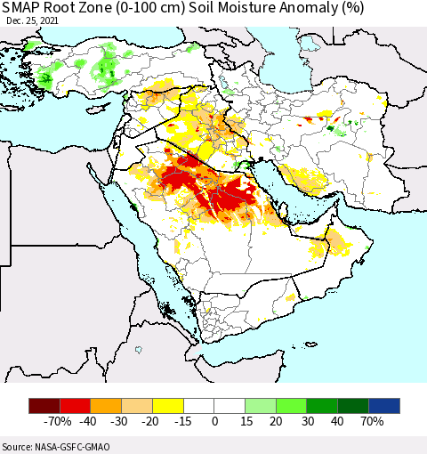 Middle East and Turkey SMAP Root Zone (0-100 cm) Soil Moisture Anomaly (%) Thematic Map For 12/21/2021 - 12/25/2021