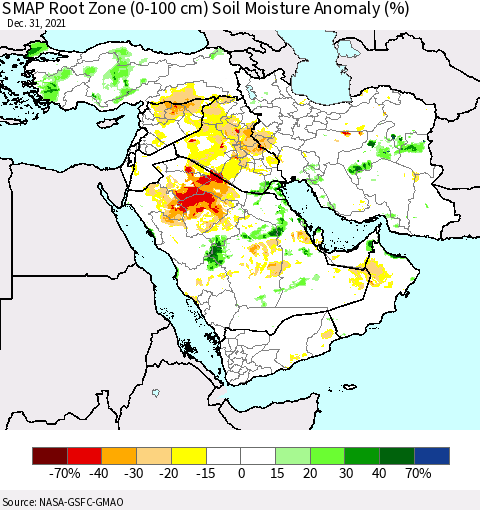 Middle East and Turkey SMAP Root Zone (0-100 cm) Soil Moisture Anomaly (%) Thematic Map For 12/26/2021 - 12/31/2021