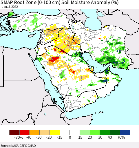Middle East and Turkey SMAP Root Zone (0-100 cm) Soil Moisture Anomaly (%) Thematic Map For 1/1/2022 - 1/5/2022