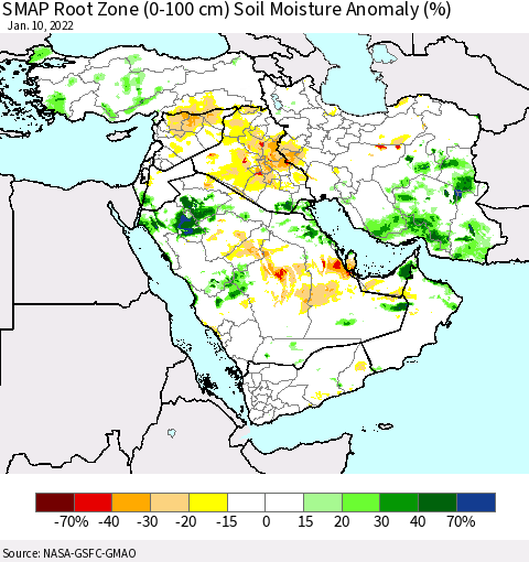 Middle East and Turkey SMAP Root Zone (0-100 cm) Soil Moisture Anomaly (%) Thematic Map For 1/6/2022 - 1/10/2022
