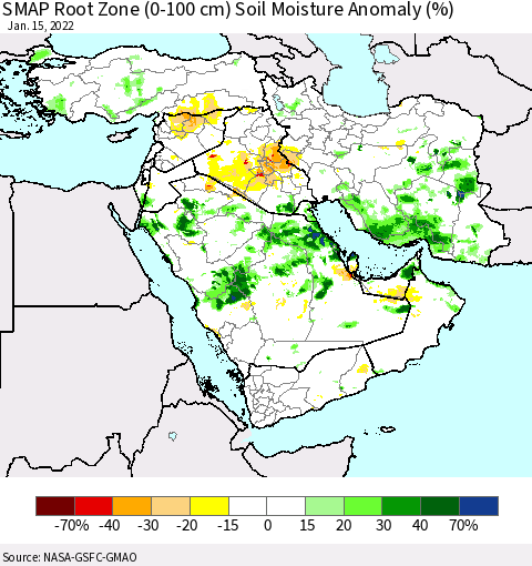 Middle East and Turkey SMAP Root Zone (0-100 cm) Soil Moisture Anomaly (%) Thematic Map For 1/11/2022 - 1/15/2022