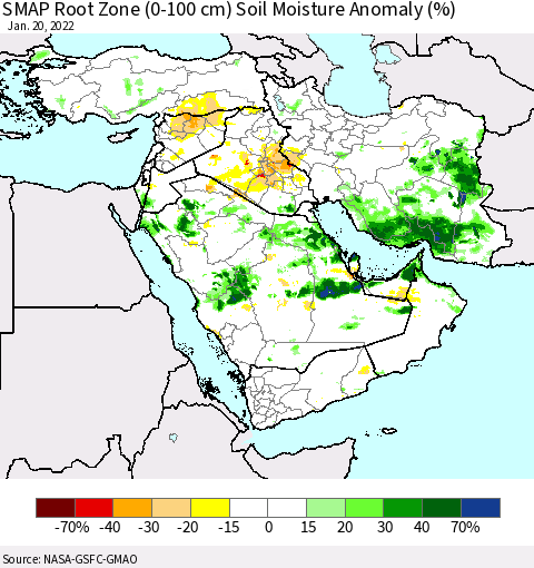 Middle East and Turkey SMAP Root Zone (0-100 cm) Soil Moisture Anomaly (%) Thematic Map For 1/16/2022 - 1/20/2022