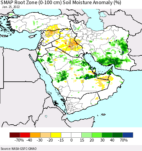 Middle East and Turkey SMAP Root Zone (0-100 cm) Soil Moisture Anomaly (%) Thematic Map For 1/21/2022 - 1/25/2022