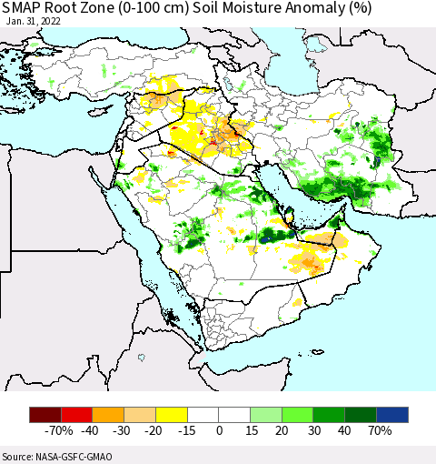 Middle East and Turkey SMAP Root Zone (0-100 cm) Soil Moisture Anomaly (%) Thematic Map For 1/26/2022 - 1/31/2022