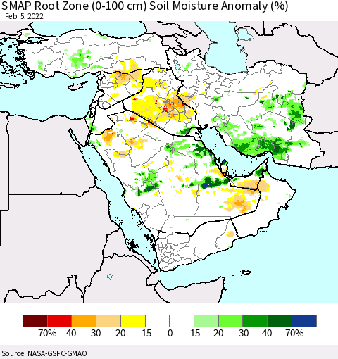 Middle East and Turkey SMAP Root Zone (0-100 cm) Soil Moisture Anomaly (%) Thematic Map For 2/1/2022 - 2/5/2022