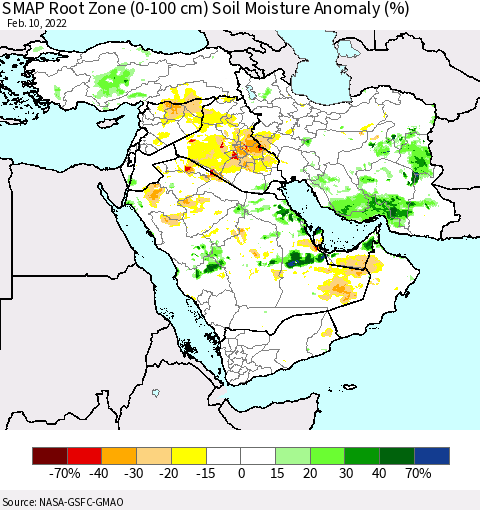 Middle East and Turkey SMAP Root Zone (0-100 cm) Soil Moisture Anomaly (%) Thematic Map For 2/6/2022 - 2/10/2022