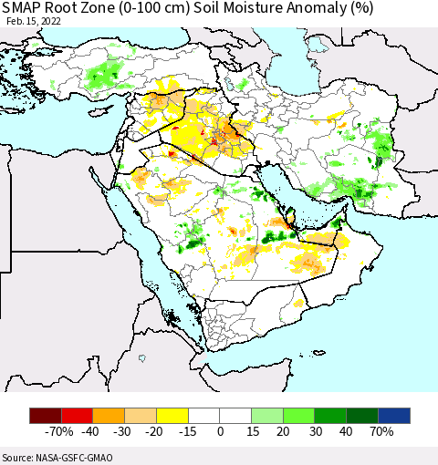 Middle East and Turkey SMAP Root Zone (0-100 cm) Soil Moisture Anomaly (%) Thematic Map For 2/11/2022 - 2/15/2022