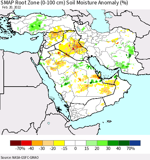 Middle East and Turkey SMAP Root Zone (0-100 cm) Soil Moisture Anomaly (%) Thematic Map For 2/16/2022 - 2/20/2022