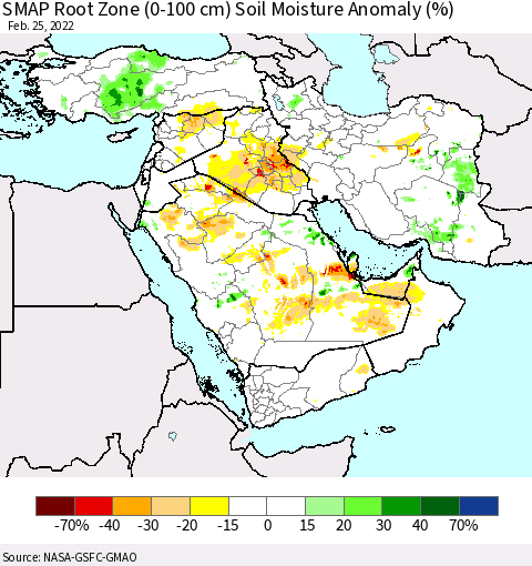 Middle East and Turkey SMAP Root Zone (0-100 cm) Soil Moisture Anomaly (%) Thematic Map For 2/21/2022 - 2/25/2022