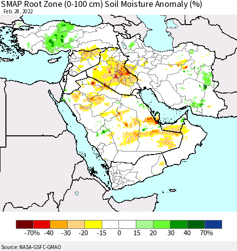 Middle East and Turkey SMAP Root Zone (0-100 cm) Soil Moisture Anomaly (%) Thematic Map For 2/26/2022 - 2/28/2022