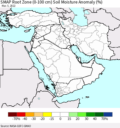 Middle East and Turkey SMAP Root Zone (0-100 cm) Soil Moisture Anomaly (%) Thematic Map For 3/1/2022 - 3/5/2022