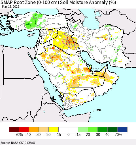 Middle East and Turkey SMAP Root Zone (0-100 cm) Soil Moisture Anomaly (%) Thematic Map For 3/11/2022 - 3/15/2022