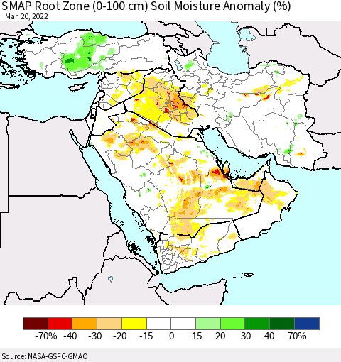 Middle East and Turkey SMAP Root Zone (0-100 cm) Soil Moisture Anomaly (%) Thematic Map For 3/16/2022 - 3/20/2022