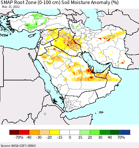 Middle East and Turkey SMAP Root Zone (0-100 cm) Soil Moisture Anomaly (%) Thematic Map For 3/26/2022 - 3/31/2022