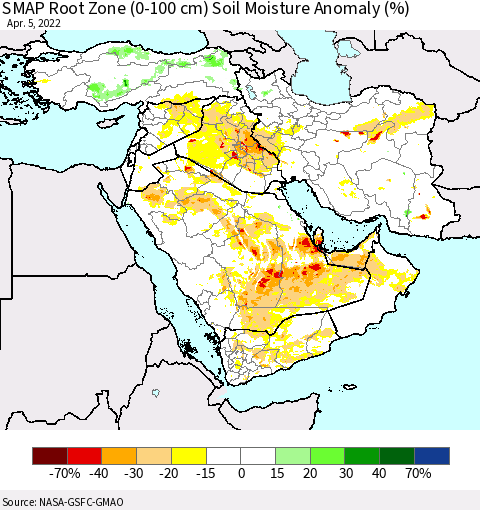 Middle East and Turkey SMAP Root Zone (0-100 cm) Soil Moisture Anomaly (%) Thematic Map For 4/1/2022 - 4/5/2022