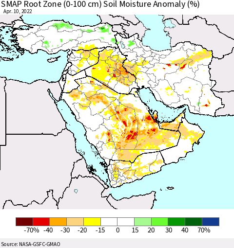 Middle East and Turkey SMAP Root Zone (0-100 cm) Soil Moisture Anomaly (%) Thematic Map For 4/6/2022 - 4/10/2022
