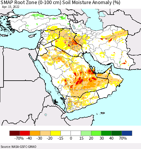 Middle East and Turkey SMAP Root Zone (0-100 cm) Soil Moisture Anomaly (%) Thematic Map For 4/11/2022 - 4/15/2022
